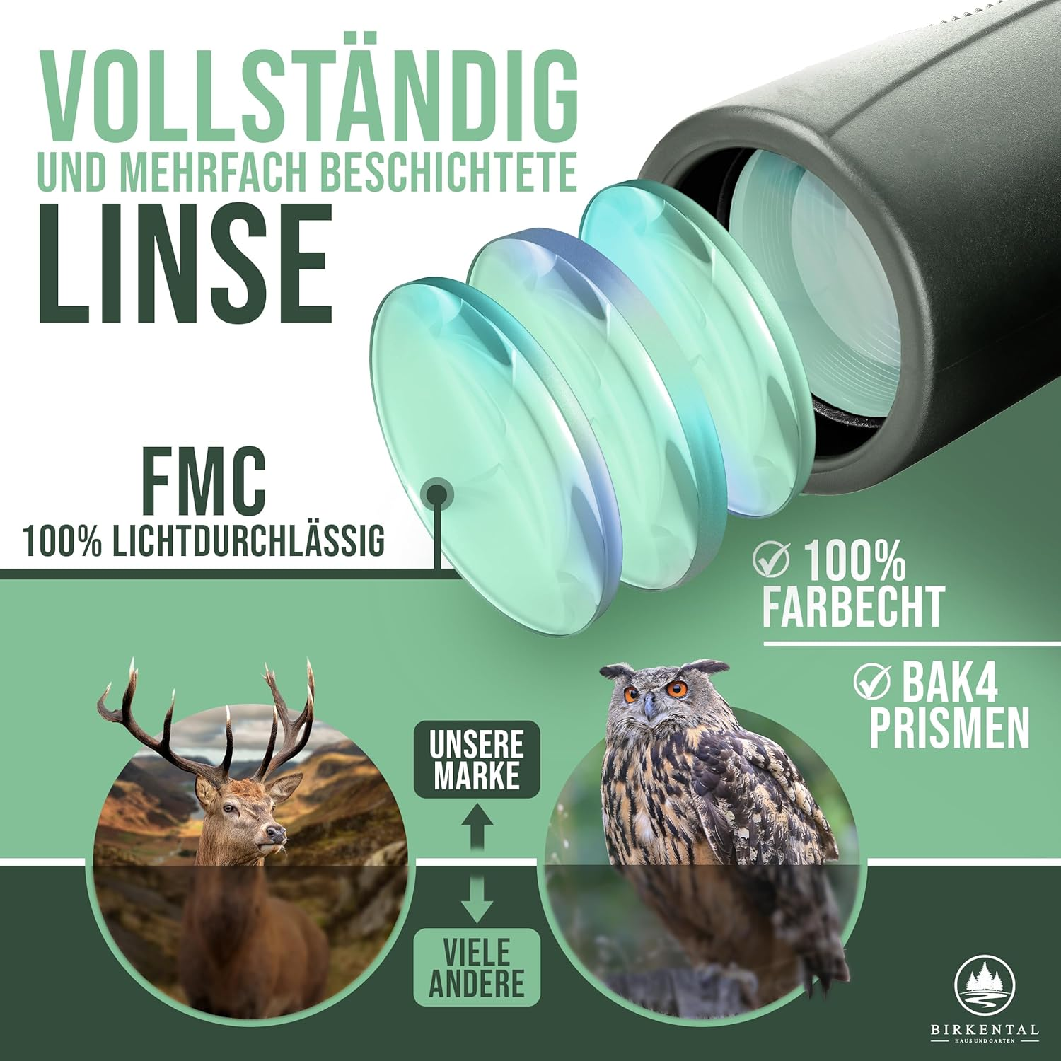 Birkental Fernglas für Erwachsene 12 x 42 inklusive Zubehör, für Anfänger und Profis, HD-Zoom, wasserdicht, leicht, kompakt, auch für Brillenträger geeignet (Grün 12x42)