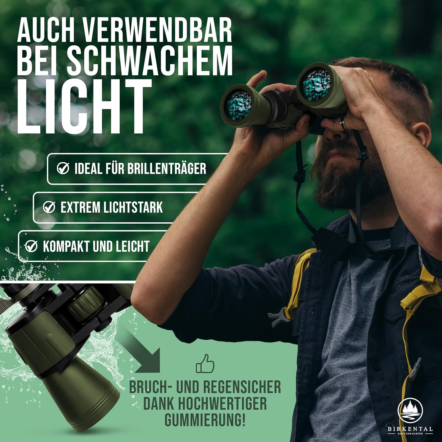 Birkental Fernglas 10 x 50 mit Dioptrienausgleich - HD-Feldfinder, BAK4-Prisma & FMC-Linse - Geeignet für Brillenträger - Großes Sehfeld & klares Bild für Erwachsene (Grün 10x50)
