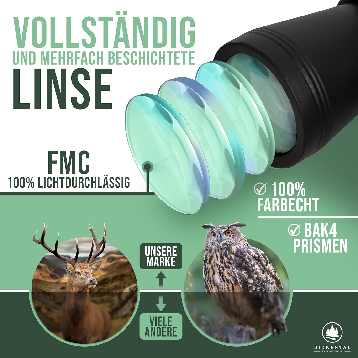 Birkental Fernglas 10 x 50 mit Dioptrienausgleich - HD-Feldfinder, BAK4-Prisma & FMC-Linse - Geeignet für Brillenträger - Großes Sehfeld & klares Bild für Erwachsene (Schwarz 10x50)