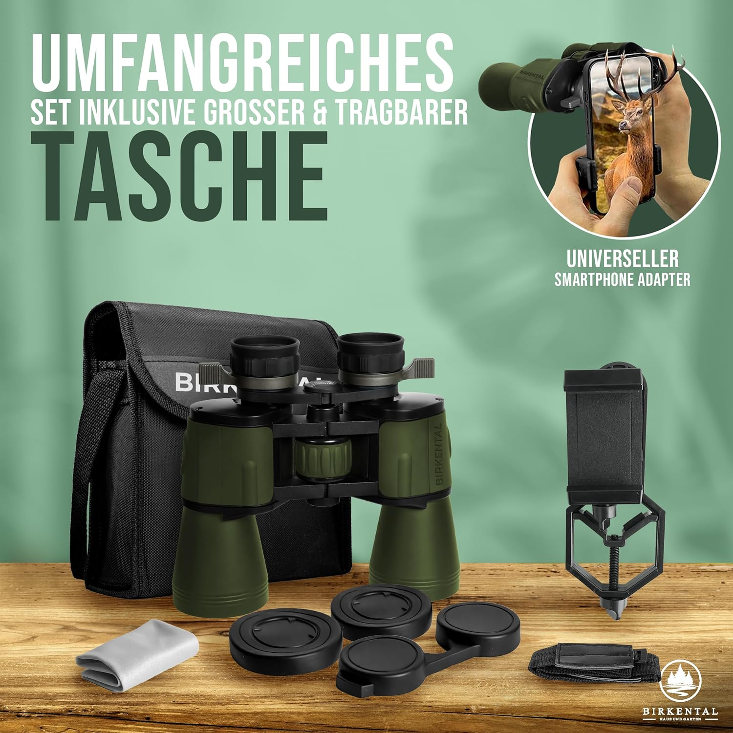 Birkental Fernglas 10 x 50 mit Dioptrienausgleich - HD-Feldfinder, BAK4-Prisma & FMC-Linse - Geeignet für Brillenträger - Großes Sehfeld & klares Bild für Erwachsene (Grün 10x50)