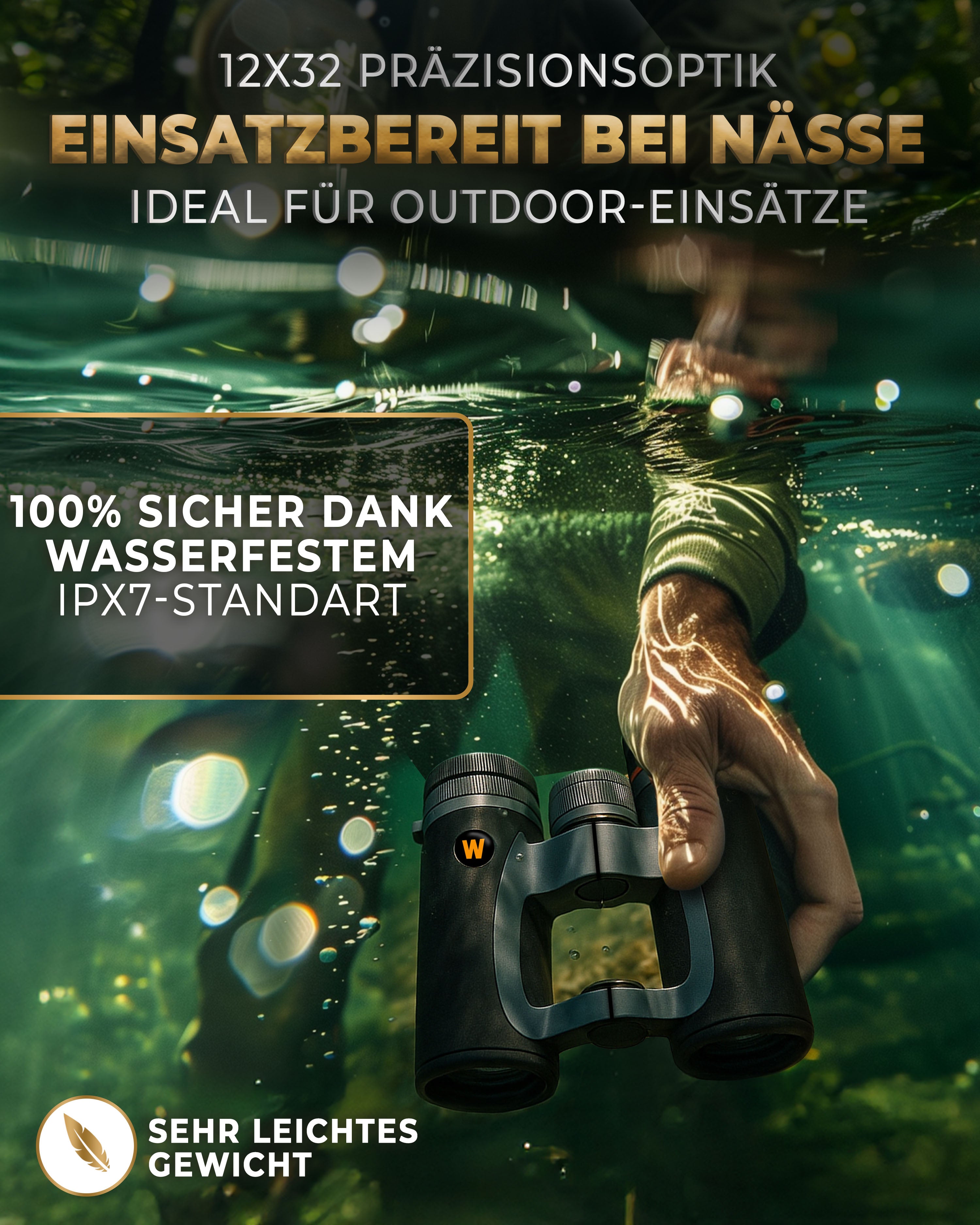 Weidenberger Fernglas 12x32, Wasserdicht nach IPX7, Nitrogengefüllt & stoßfest (Schwarz)