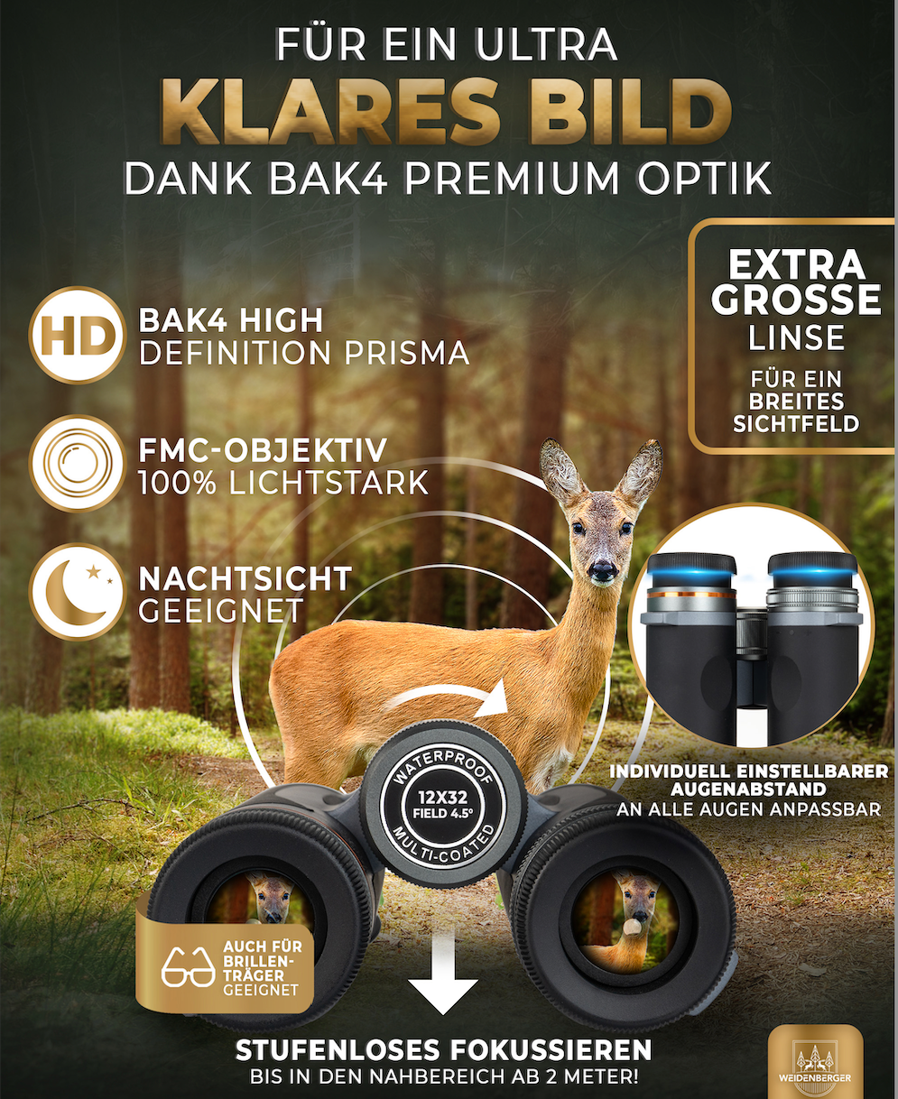 Weidenberger Fernglas 12x32, Wasserdicht nach IPX7, Nitrogengefüllt & stoßfest (Schwarz)