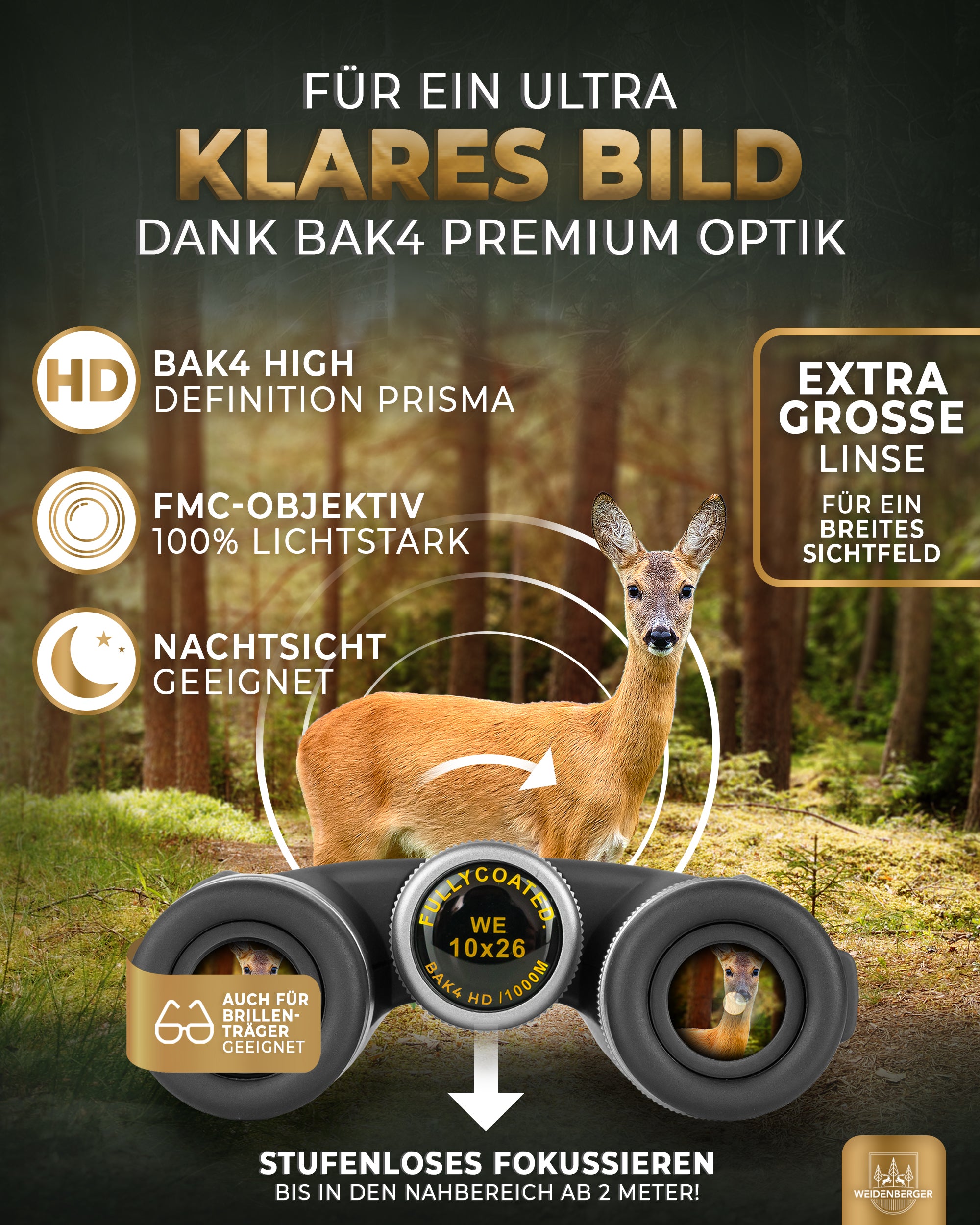 Weidenberger Fernglas 10x26, Magnesium Fernglas mit Nitrogenfüllung (Schwarz)