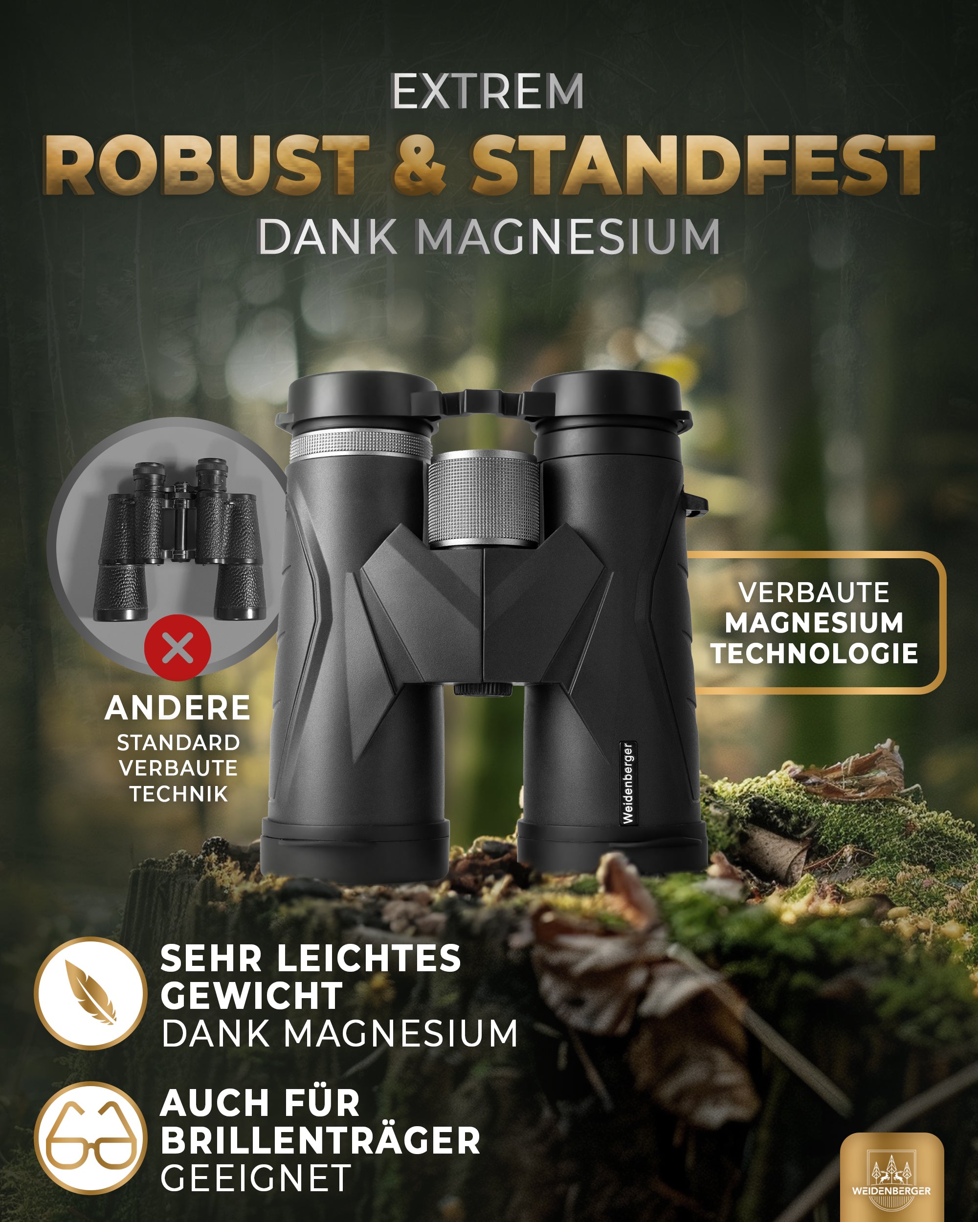 Weidenberger Fernglas 12x42, Magnesium Fernglas mit Nitrogenfüllung (Schwarz)