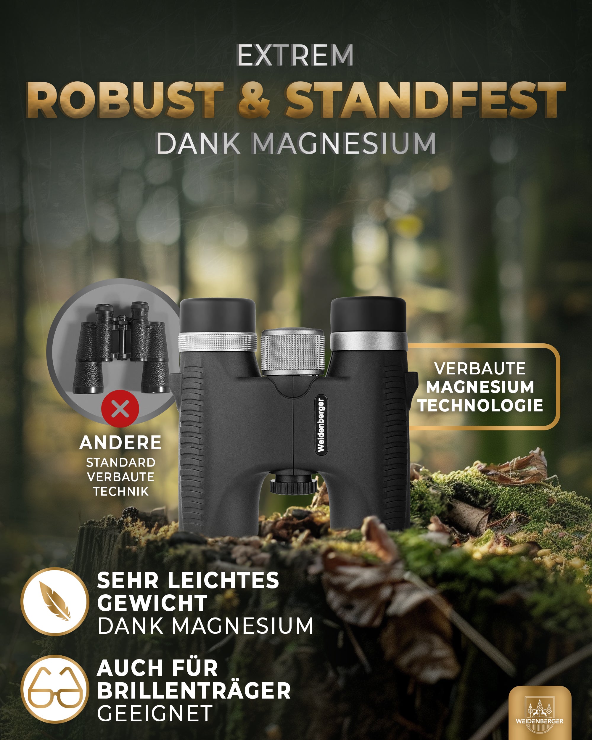 Weidenberger Fernglas 10x26, Magnesium Fernglas mit Nitrogenfüllung (Schwarz)