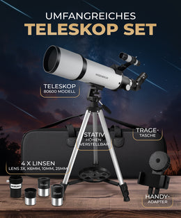 Weidenberger Teleskop 80600 – Refraktor-Fernrohr, 800 mm Brennweite, 60 mm Öffnung mit 3 Okularen + 3× Barlow-Linse, Sucherfernrohr, Stativ & Handy-Adapter – für Erwachsene & Einsteiger