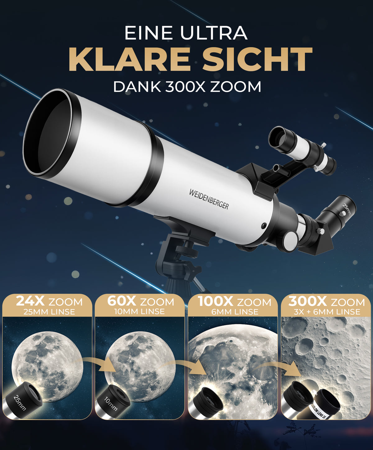 Weidenberger Teleskop 80600 – Refraktor-Fernrohr, 800 mm Brennweite, 60 mm Öffnung mit 3 Okularen + 3× Barlow-Linse, Sucherfernrohr, Stativ & Handy-Adapter – für Erwachsene & Einsteiger