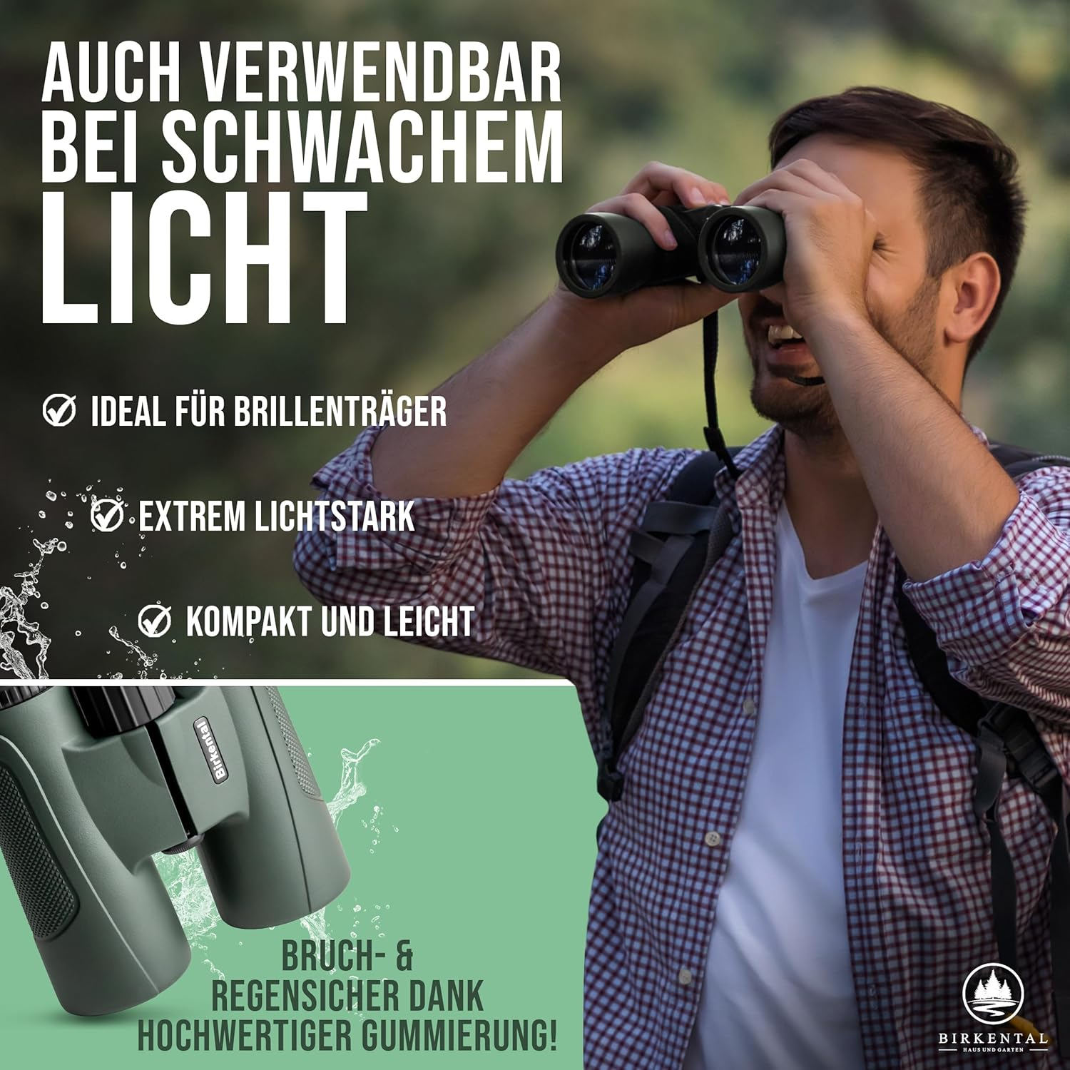 Birkental Fernglas für Erwachsene 12 x 42 inklusive Zubehör, für Anfänger und Profis, HD-Zoom, wasserdicht, leicht, kompakt, auch für Brillenträger geeignet (Grün 12x42)