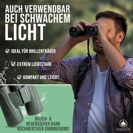 Birkental Fernglas für Erwachsene 12 x 42 inklusive Zubehör, für Anfänger und Profis, HD-Zoom, wasserdicht, leicht, kompakt, auch für Brillenträger geeignet (Grün 12x42)