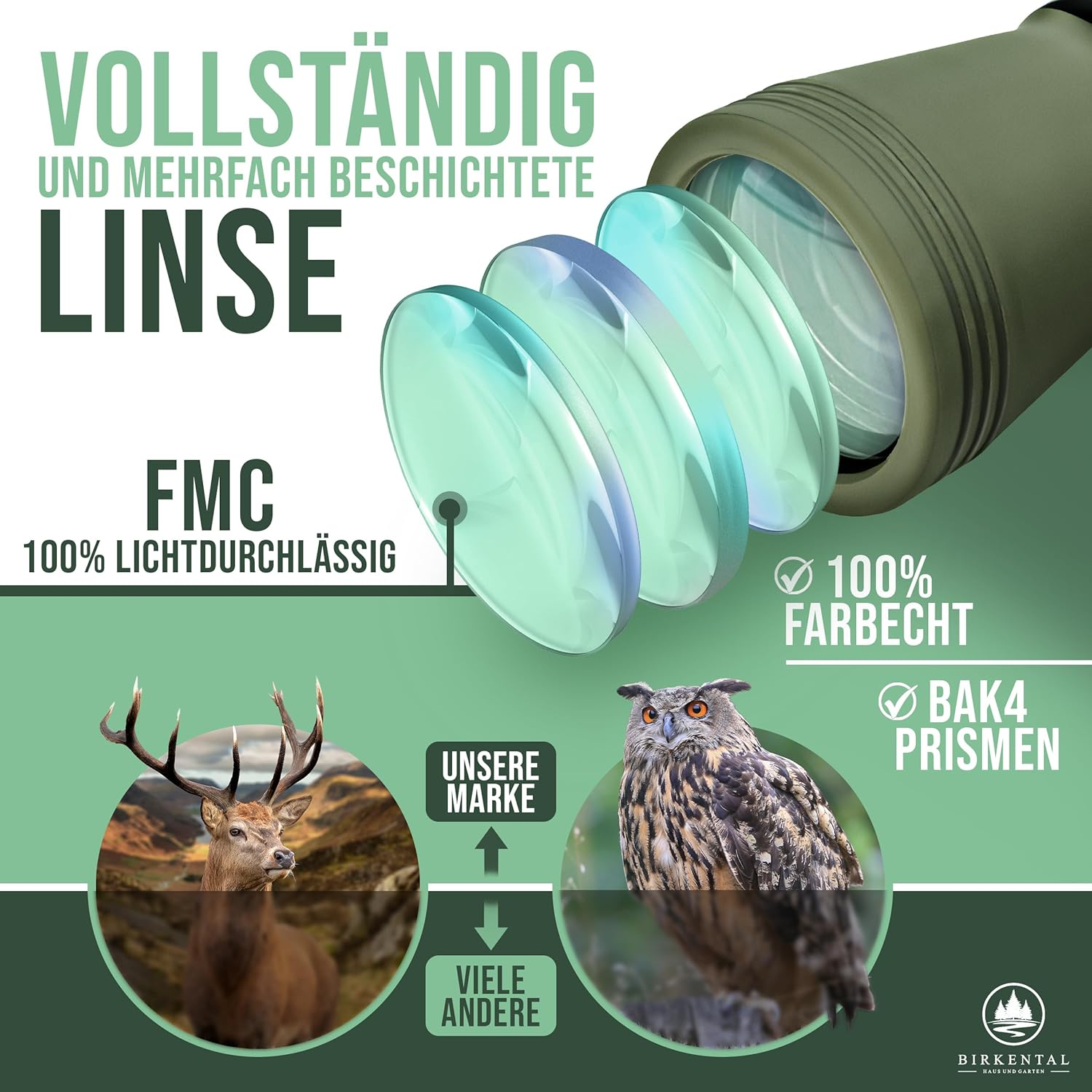 Birkental Fernglas 10 x 50 mit Dioptrienausgleich - HD-Feldfinder, BAK4-Prisma & FMC-Linse - Geeignet für Brillenträger - Großes Sehfeld & klares Bild für Erwachsene (Grün 10x50)