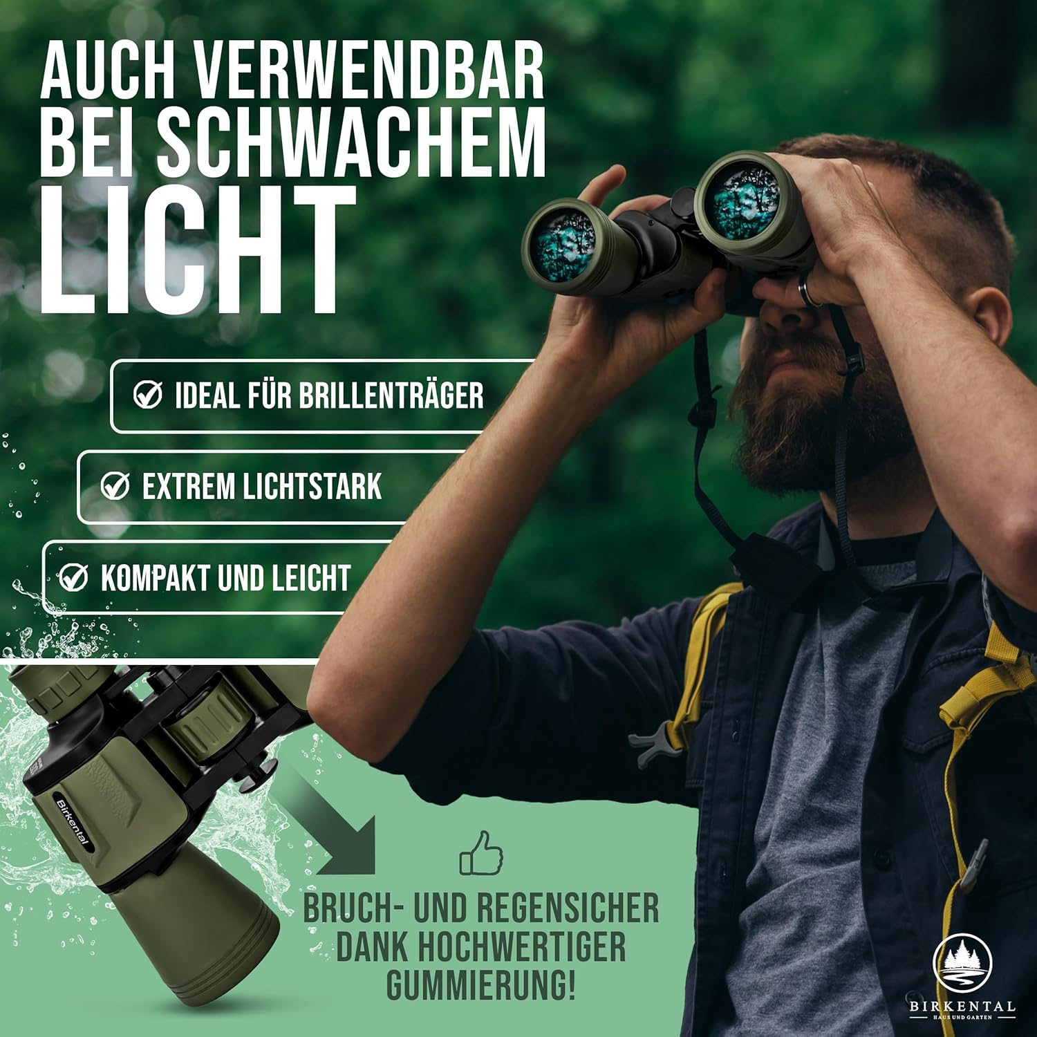 Birkental Fernglas 10 x 50 mit Dioptrienausgleich - HD-Feldfinder, BAK4-Prisma & FMC-Linse - Geeignet für Brillenträger - Großes Sehfeld & klares Bild für Erwachsene (Grün 10x50)