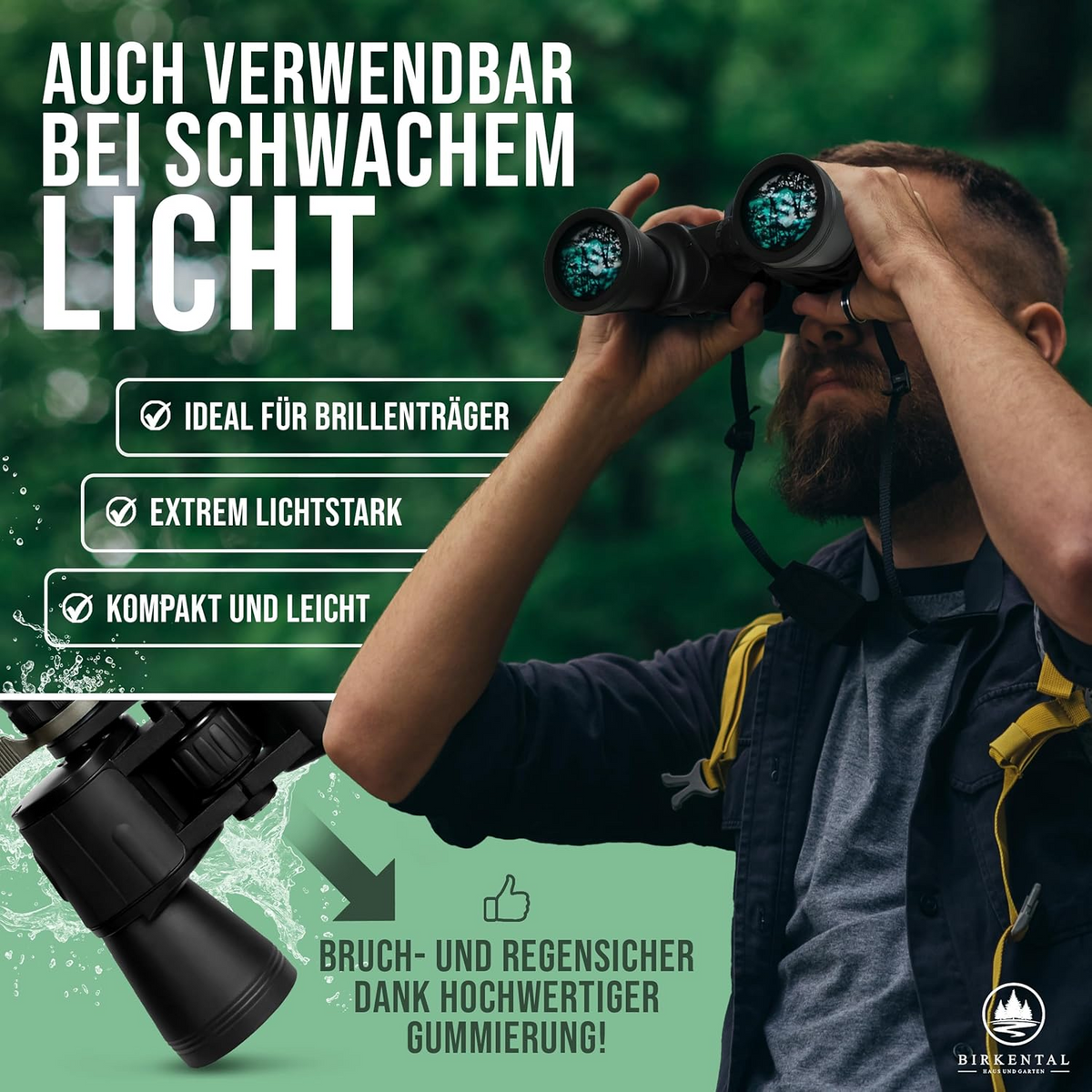 Birkental Fernglas 10 x 50 mit Dioptrienausgleich - HD-Feldfinder, BAK4-Prisma & FMC-Linse - Geeignet für Brillenträger - Großes Sehfeld & klares Bild für Erwachsene (Schwarz 10x50)