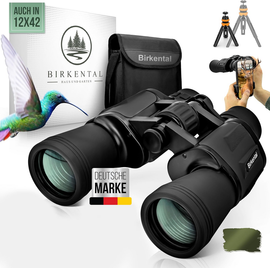 Birkental Fernglas für Erwachsene 10 x 50 mit Zubehör, Anfänger- und Profi-Modell, HD-Zoom, wasserdicht, leicht, kompakt, auch für Brillenträger geeignet, weites Sehfeld, ideal für Jagd, Vogelbeobachtung und Astronomie (Schwarz 10x50)