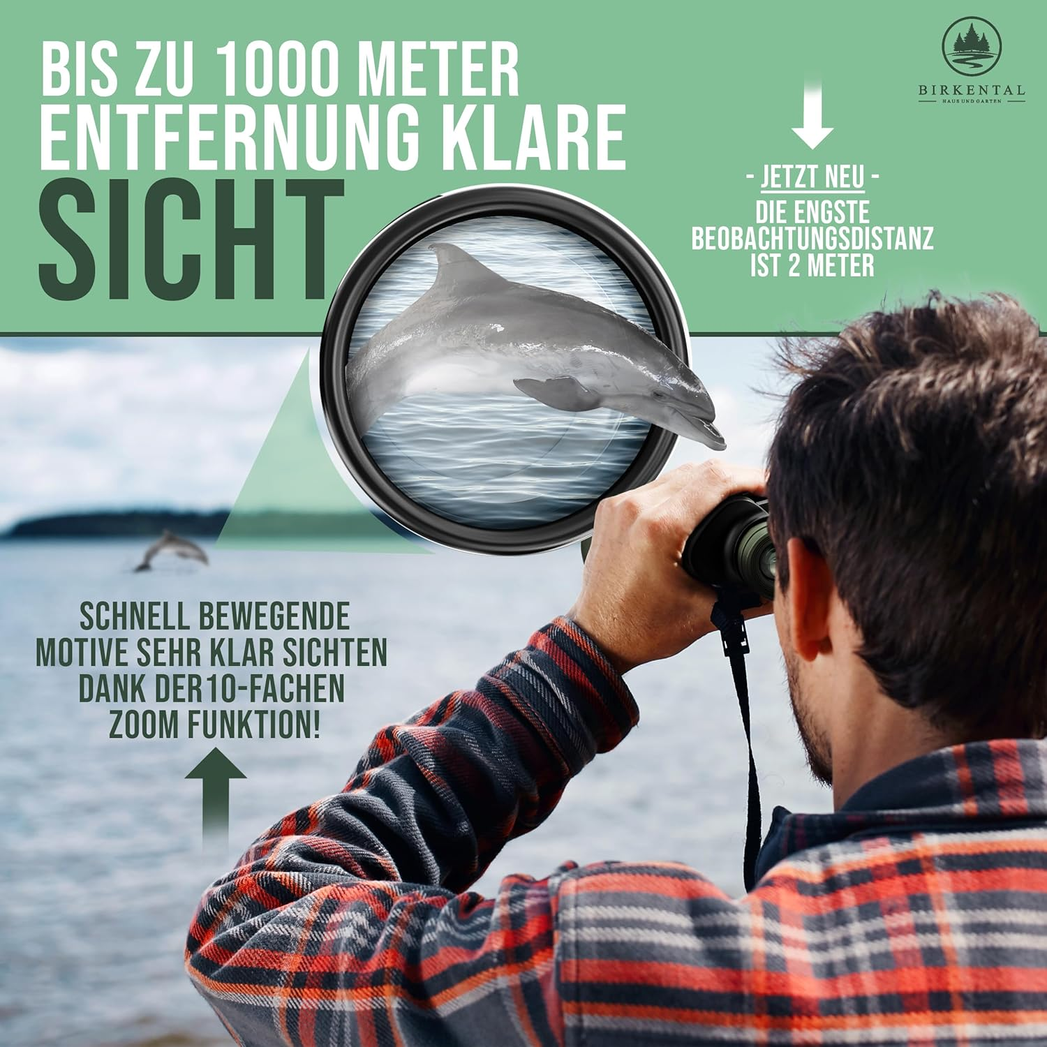 Birkental Fernglas 10 x 50 mit Dioptrienausgleich - HD-Feldfinder, BAK4-Prisma & FMC-Linse - Geeignet für Brillenträger - Großes Sehfeld & klares Bild für Erwachsene (Grün 10x50)