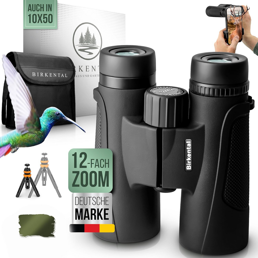 Birkental Fernglas für Erwachsene 12 x 42 inklusive Zubehör, für Anfänger und Profis, HD-Zoom, wasserdicht, leicht, kompakt, auch für Brillenträger geeignet, weites Sehfeld, Jagd, Vogelbeobachtung, Astronomie (Schwarz 12x42)
