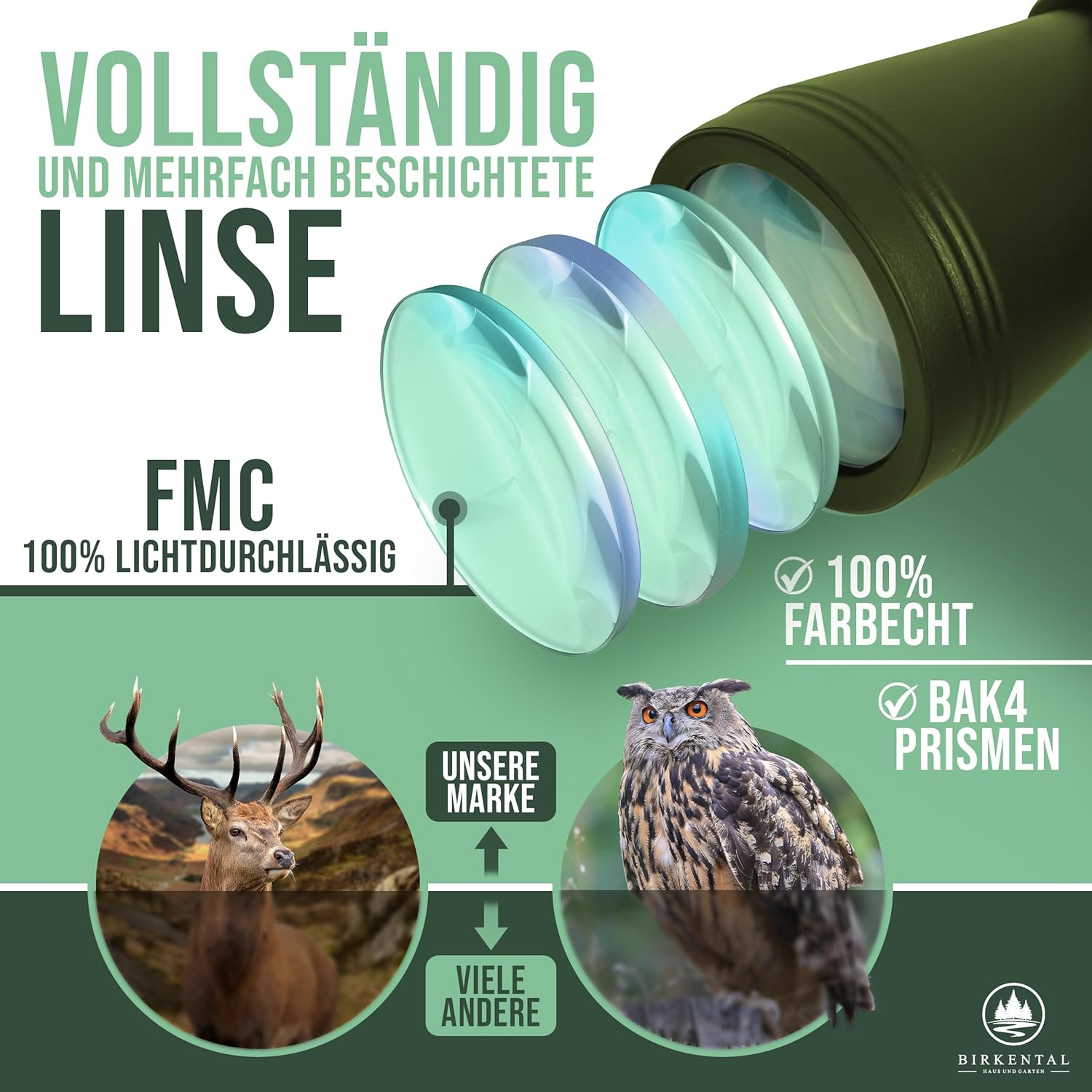 Birkental Fernglas 10 x 50 mit Dioptrienausgleich - HD-Feldfinder, BAK4-Prisma & FMC-Linse - Geeignet für Brillenträger - Großes Sehfeld & klares Bild für Erwachsene (Grün 10x50)