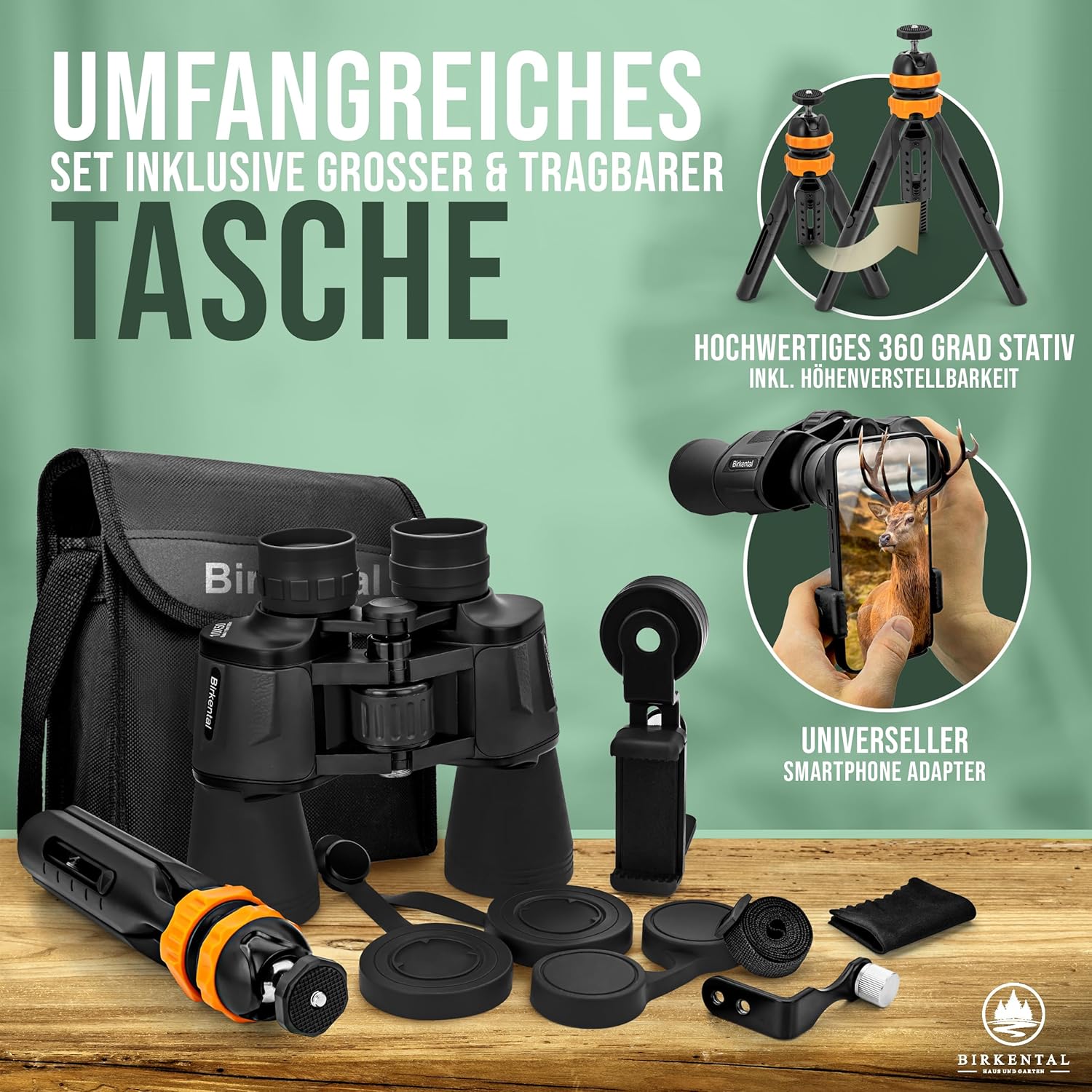 Birkental Fernglas für Erwachsene 10 x 50 mit Zubehör, Anfänger- und Profi-Modell, HD-Zoom, wasserdicht, leicht, kompakt, auch für Brillenträger geeignet, weites Sehfeld, ideal für Jagd, Vogelbeobachtung und Astronomie (Schwarz 10x50)