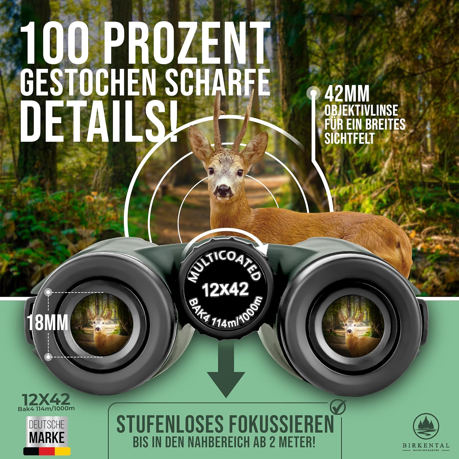 Birkental Fernglas für Erwachsene 12 x 42 inklusive Zubehör, für Anfänger und Profis, HD-Zoom, wasserdicht, leicht, kompakt, auch für Brillenträger geeignet (Grün 12x42)