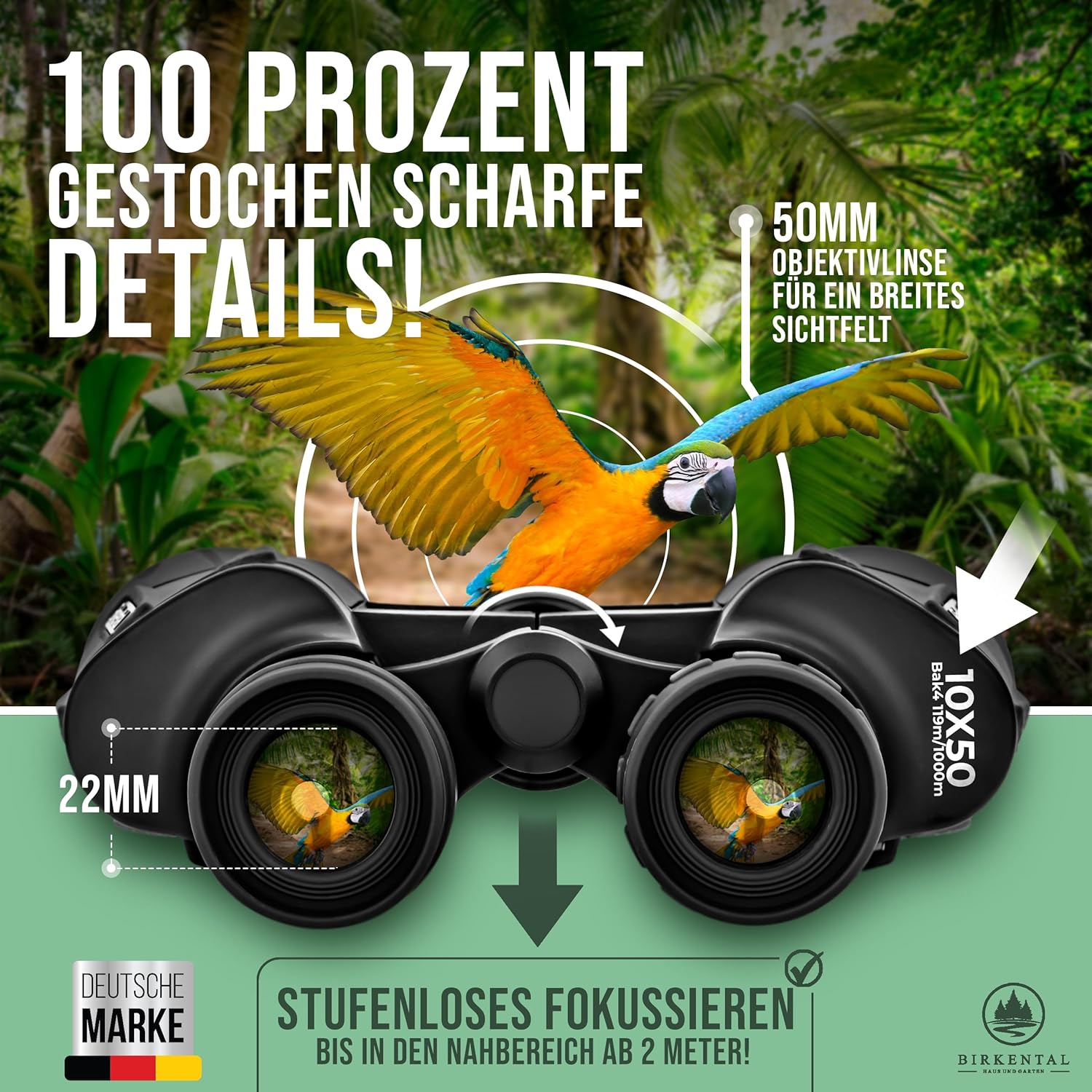 Birkental Fernglas für Erwachsene 10 x 50 mit Zubehör, Anfänger- und Profi-Modell, HD-Zoom, wasserdicht, leicht, kompakt, auch für Brillenträger geeignet, weites Sehfeld, ideal für Jagd, Vogelbeobachtung und Astronomie (Schwarz 10x50)