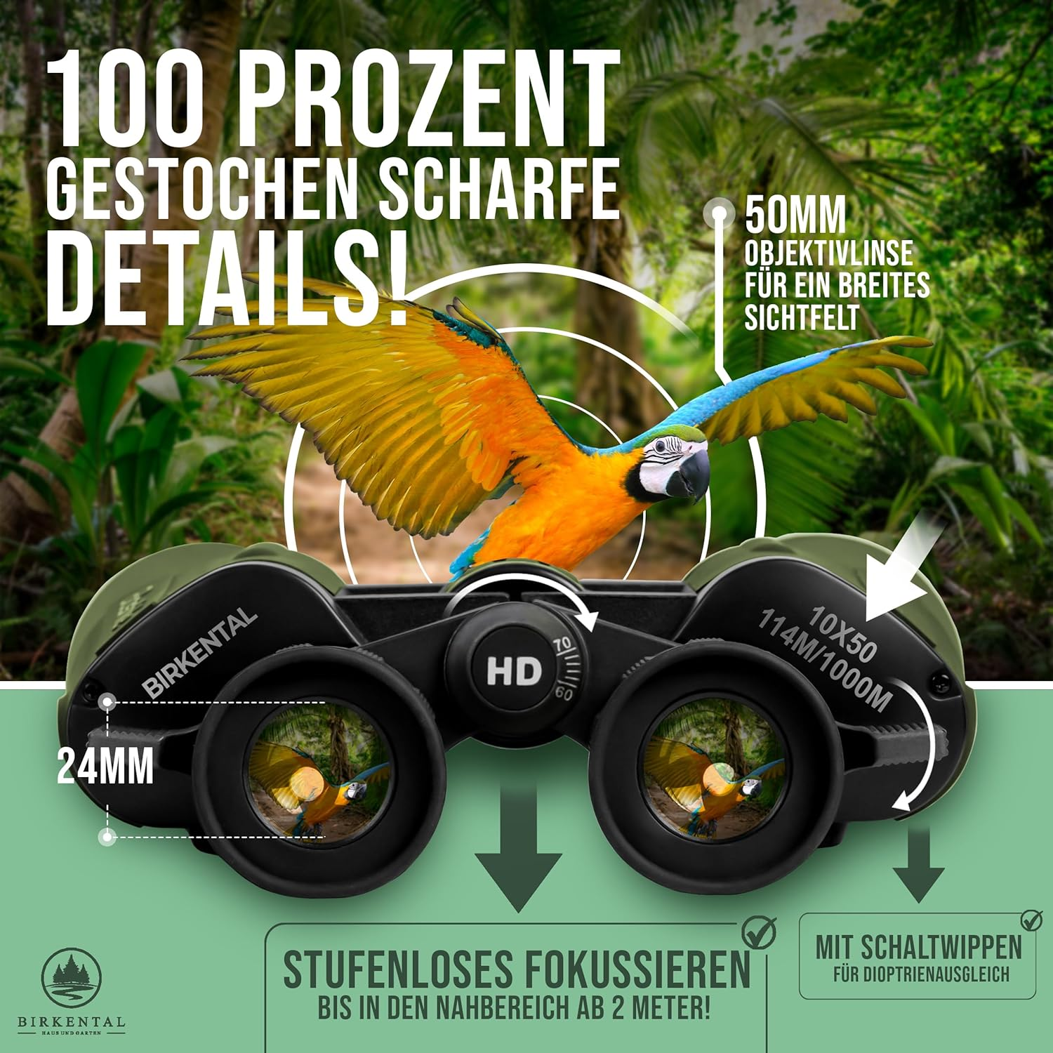 Birkental Fernglas 10 x 50 mit Dioptrienausgleich - HD-Feldfinder, BAK4-Prisma & FMC-Linse - Geeignet für Brillenträger - Großes Sehfeld & klares Bild für Erwachsene (Grün 10x50)