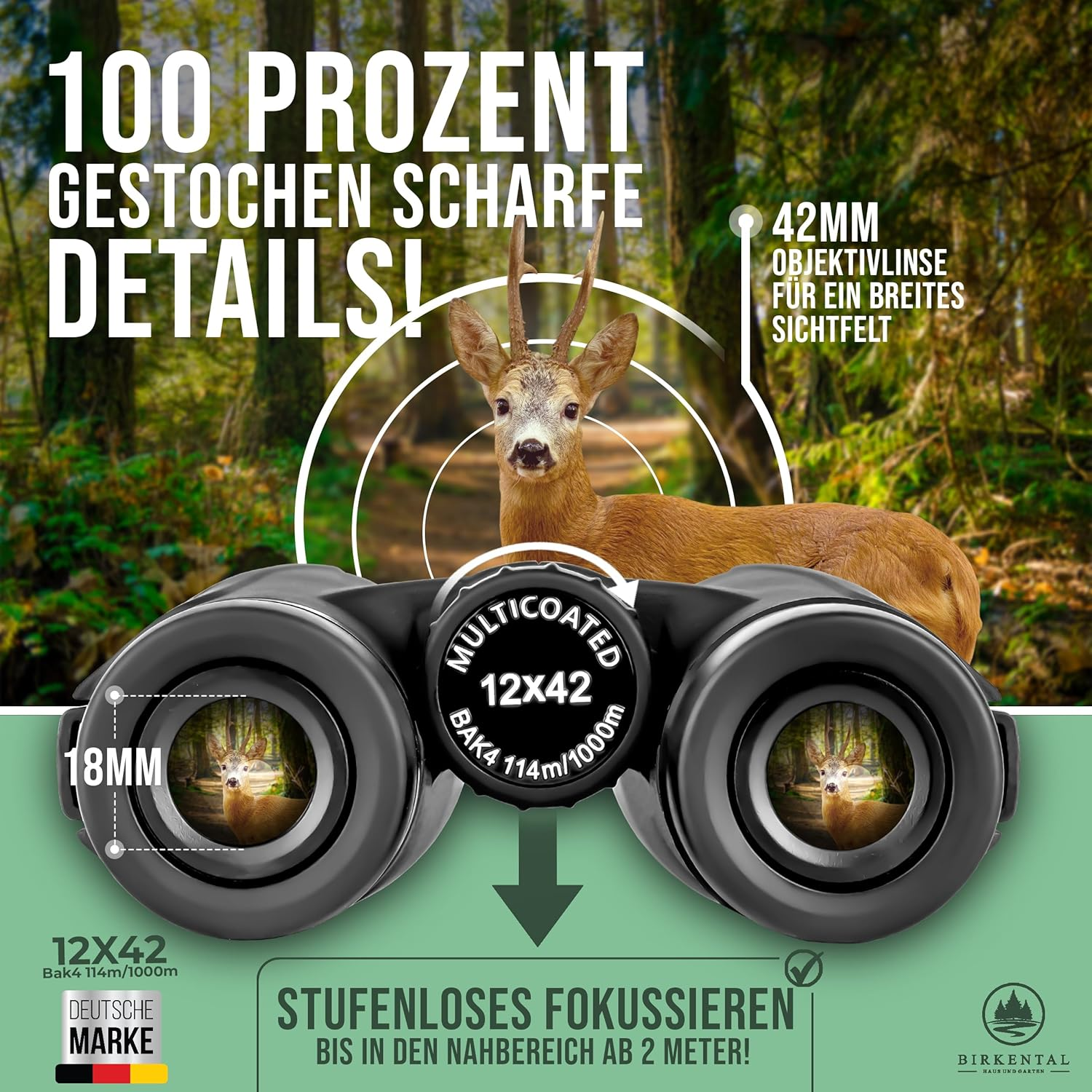 Birkental Fernglas für Erwachsene 12 x 42 inklusive Zubehör, für Anfänger und Profis, HD-Zoom, wasserdicht, leicht, kompakt, auch für Brillenträger geeignet, weites Sehfeld, Jagd, Vogelbeobachtung, Astronomie (Schwarz 12x42)