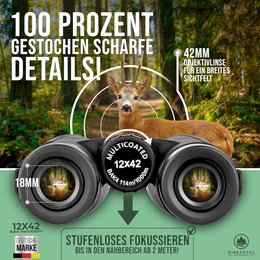 Birkental Fernglas für Erwachsene 12 x 42 inklusive Zubehör, für Anfänger und Profis, HD-Zoom, wasserdicht, leicht, kompakt, auch für Brillenträger geeignet, weites Sehfeld, Jagd, Vogelbeobachtung, Astronomie (Schwarz 12x42)