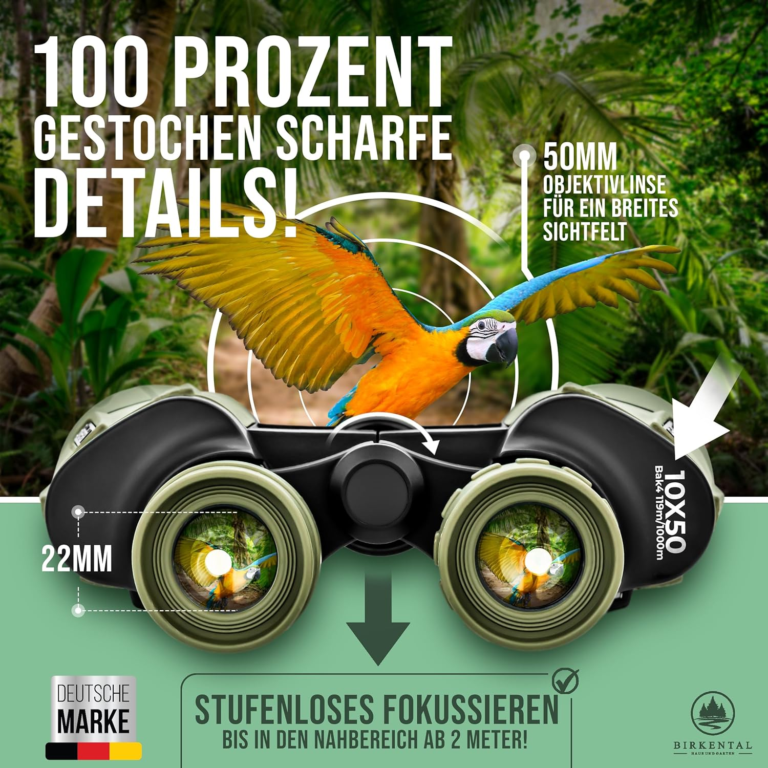 Birkental Fernglas 10 x 50 mit Dioptrienausgleich - HD-Feldfinder, BAK4-Prisma & FMC-Linse - Geeignet für Brillenträger - Großes Sehfeld & klares Bild für Erwachsene (Grün 10x50)