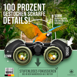 Birkental Fernglas 10 x 50 mit Dioptrienausgleich - HD-Feldfinder, BAK4-Prisma & FMC-Linse - Geeignet für Brillenträger - Großes Sehfeld & klares Bild für Erwachsene (Grün 10x50)