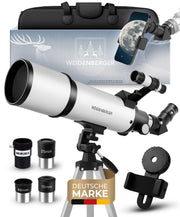 Weidenberger Teleskop 80600 – Refraktor-Fernrohr, 800 mm Brennweite, 60 mm Öffnung mit 3 Okularen + 3× Barlow-Linse, Sucherfernrohr, Stativ & Handy-Adapter – für Erwachsene & Einsteiger