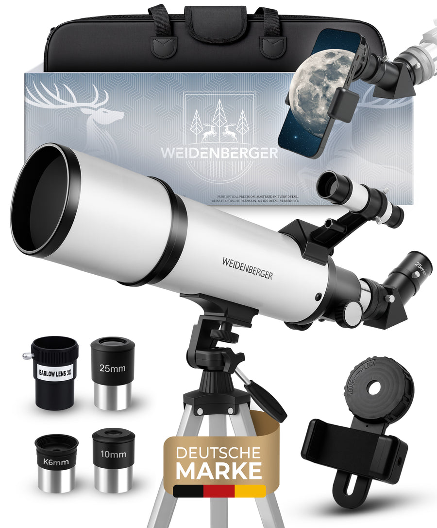 Weidenberger Teleskop 80600 – Refraktor-Fernrohr, 800 mm Brennweite, 60 mm Öffnung mit 3 Okularen + 3× Barlow-Linse, Sucherfernrohr, Stativ & Handy-Adapter – für Erwachsene & Einsteiger