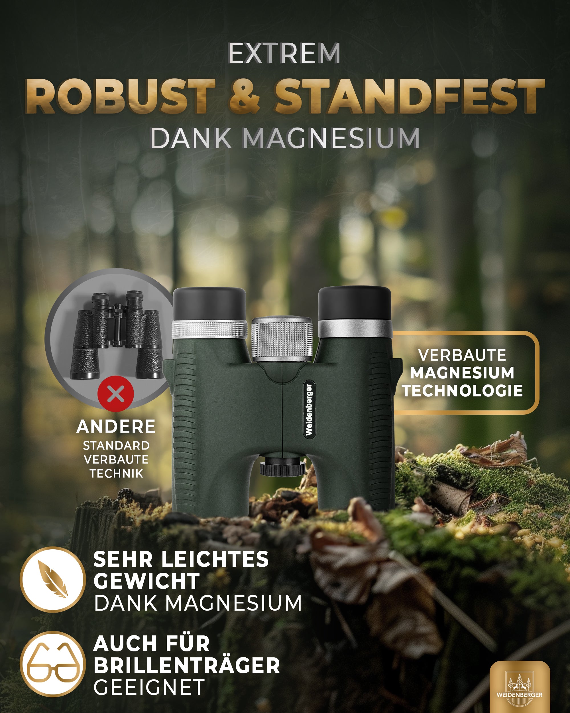 Weidenberger Fernglas 10x26, Magnesium Fernglas mit Nitrogenfüllung (Grün)