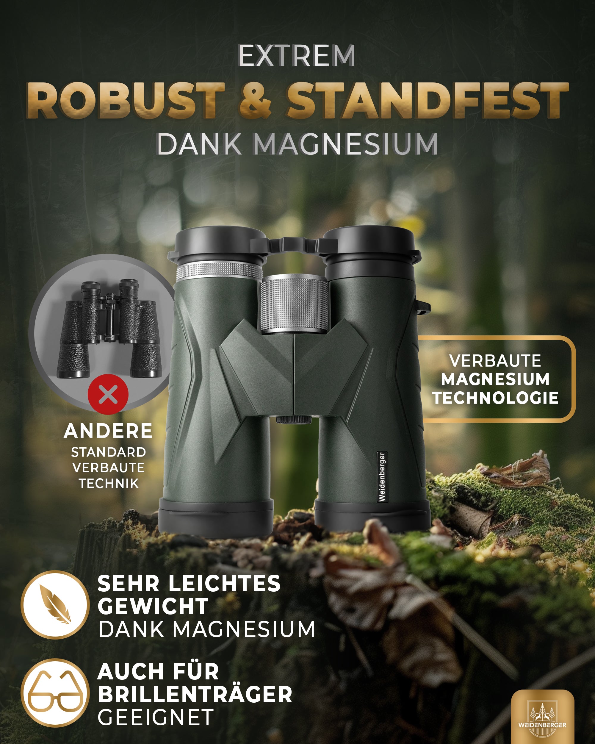 Weidenberger Fernglas 12x42, Magnesium Fernglas mit Nitrogenfüllung (Grün)